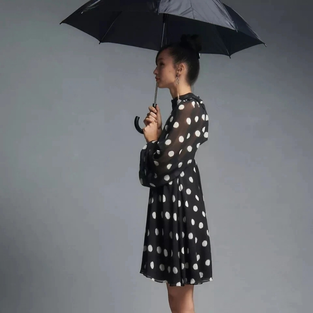 NWT Anthropologie × Maeve Polka Dot Long Sheer Sleeve Mini Dress Tie Back SM - Picture 5 of 16